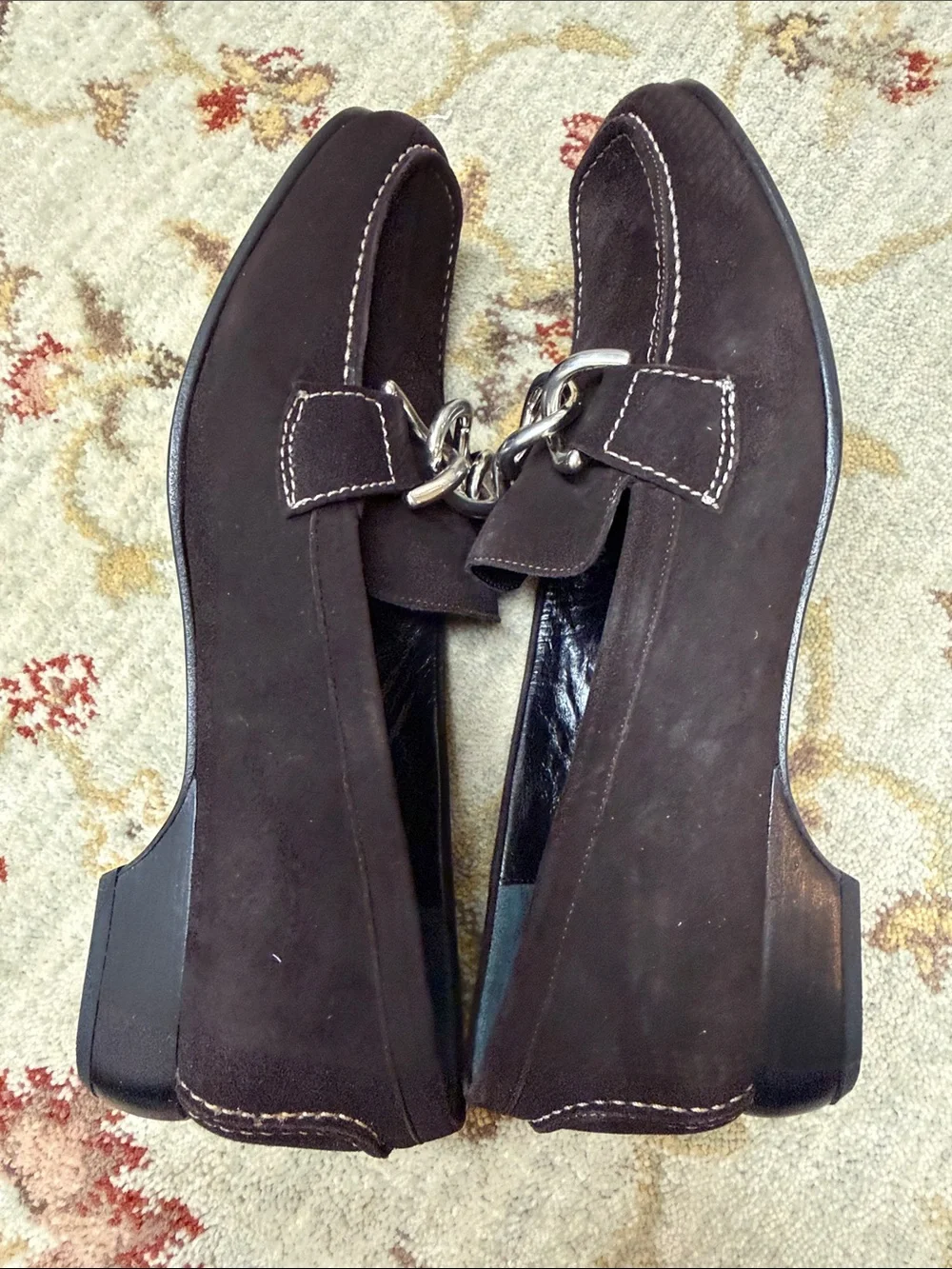 Claudia Ciuti Dark Brown Suede Slip-On Loafers with Silver Chain Accent